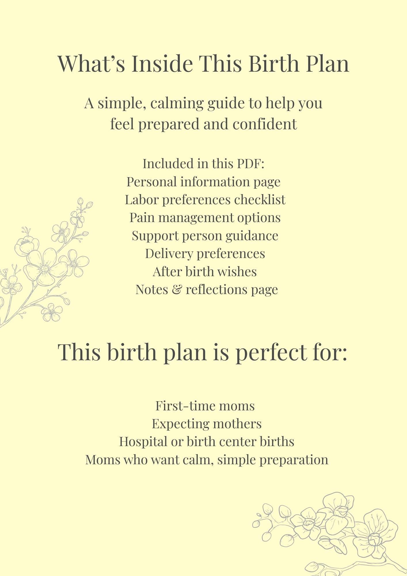 Making Birth Plan Simple Birth Plan Template, Labor & Delivery Preferences (PDF Printable ...