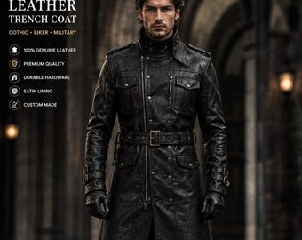 Handmade Black Leather Trench Coat Men | Gothic Military Biker Jacket | Genuine Leather Long Coat | Custom Size XS-5XL | Gift for Him