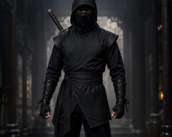 Black Ninja Costume Set for Adults, Ninja Cosplay Outfit, Hood Mask, Wrap Top, Pants, Arm Guards, Shin Wraps, Halloween Costume