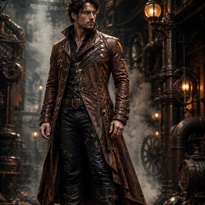 Steampunk Gothic Leather Trench Coat Men | Distressed Vintage Long Coat | Victorian Cyberpunk Jacket | Handmade Asymmetrical Duster Coat image 1
