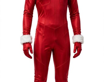 Shiny Santa Jumpsuit Women Christmas Costume | Hooded Bodysuit with Faux Fur Trim | Holiday Cosplay Suit | Custom Made Athletic Suit