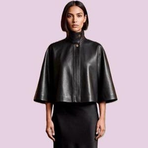 Black Sheepskin Leather Cape Jacket, High Neck Poncho, Red Satin Lining, Minimalist Cloak image 1