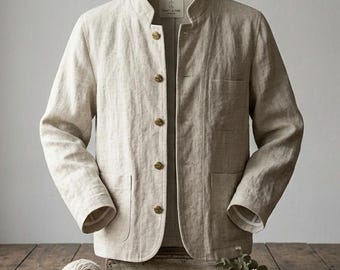 Linen Jacket, Minimalist Mandarin Collar Shirt Jacket, Luxury Linen Blazer, Rustic Sustainable Mens Overcoat - Linen Blend