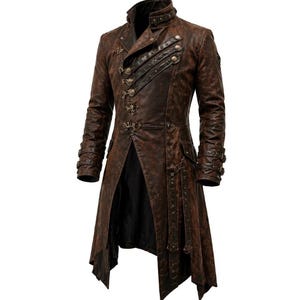 May include: A long, brown, distressed-finish coat featuring a high collar, diagonal front straps with metallic buckles, and decorative metal hardware. The coat has long sleeves with buckled cuffs and a structured, asymmetrical hemline design.