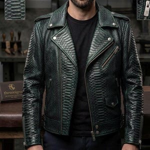 Handmade Emerald Snakeskin Leather Jacket - Men's Bespoke Biker Moto Coat, Iridescent Green Python Texture, Custom Luxury Outerwear