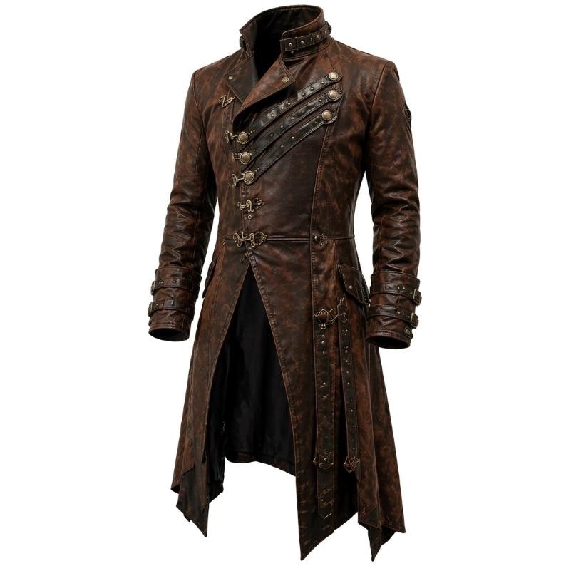 May include: A long, brown, distressed-finish coat featuring a high collar, diagonal front straps with metallic buckles, and decorative metal hardware. The coat has long sleeves with buckled cuffs and a structured, asymmetrical hemline design.