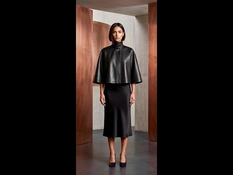Black Sheepskin Leather Cape Jacket, High Neck Poncho, Red Satin Lining, Minimalist Cloak image 4