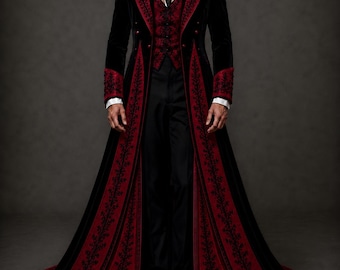Custom Men’s Avant-Garde Victorian Tailcoat Suit with Cathedral Train, Gothic Groom Tuxedo, Wedding Couture Formal Wear