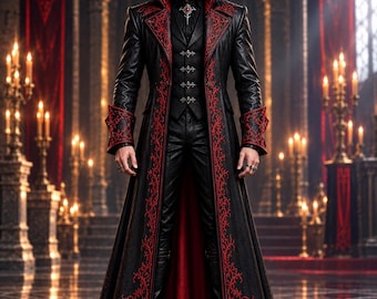 Genuine Leather Vampire Coat, Gothic Long Leather Duster, Victorian Halloween Costume, Custom Embroidered Coat