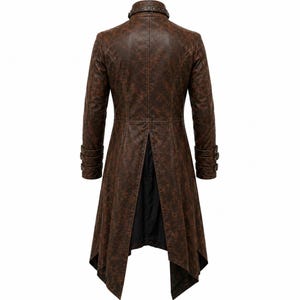 May include: A long brown coat with a distressed leather-like texture, featuring a high collar with decorative studs, long sleeves with triple-buckle cuffs, and a split back hem that reveals a black fabric lining, shown from the back view.