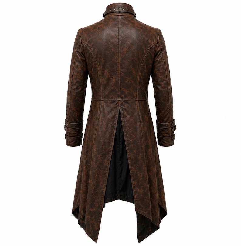 May include: A long brown coat with a distressed leather-like texture, featuring a high collar with decorative studs, long sleeves with triple-buckle cuffs, and a split back hem that reveals a black fabric lining, shown from the back view.