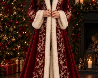 Può includere: Un cappotto lungo fino ai piedi in velluto rosso scuro con cappuccio e polsini bordati in folta pelliccia sintetica color crema. I pannelli frontali sono decorati con intricati ricami dorati a motivi floreali e di fiocchi di neve.