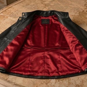 Black Sheepskin Leather Cape Jacket, High Neck Poncho, Red Satin Lining, Minimalist Cloak image 8