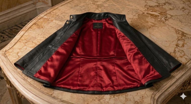 Black Sheepskin Leather Cape Jacket, High Neck Poncho, Red Satin Lining, Minimalist Cloak image 8