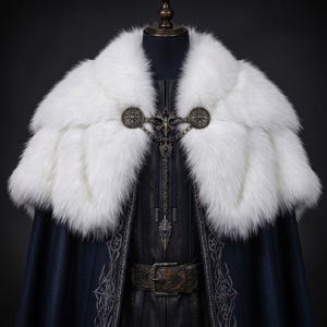 May include: A dark navy blue cloak featuring a thick white faux fur collar, secured with an ornate bronze-toned metal brooch. The brooch includes two circular filigree discs connected by chains and a central pendant with a dark blue stone inlay.