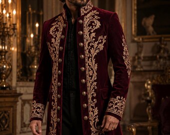 Luxury Men’s Velvet Coat, Gold Embroidered Long Coat, Royal Baroque Jacket, Custom Formal Prince Coat, Victorian Wedding Coat