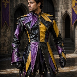 Custom Leather Jester Jacket, Gothic Harlequin Coat, Medieval Renaissance Costume, Fantasy LARP Cosplay Jacket for Men