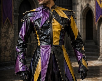 Custom Leather Jester Jacket, Gothic Harlequin Coat, Medieval Renaissance Costume, Fantasy LARP Cosplay Jacket for Men