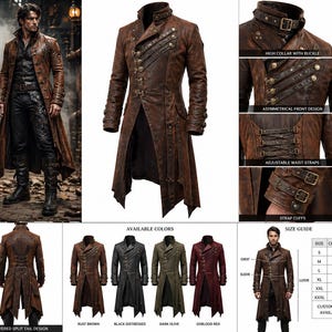 May include: A long, distressed brown coat featuring a high collar with a buckle, an asymmetrical front design with multiple straps, adjustable waist straps on the back, and strap cuffs. The coat is shown in rust brown, black, dark olive, and oxblood red.