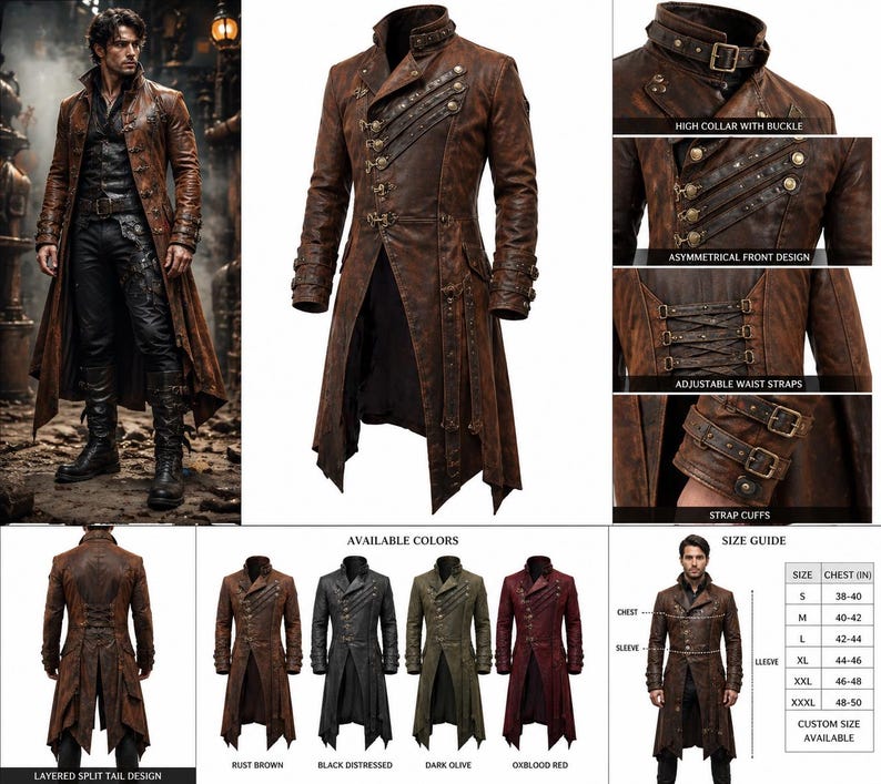 May include: A long, distressed brown coat featuring a high collar with a buckle, an asymmetrical front design with multiple straps, adjustable waist straps on the back, and strap cuffs. The coat is shown in rust brown, black, dark olive, and oxblood red.
