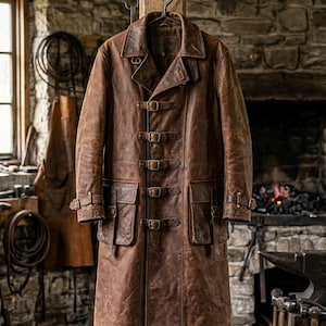 May include: A long, brown leather coat with multiple buckles and pockets hangs from a black hook. The coat has a rugged, worn appearance, suggesting durability. The background shows a rustic workshop setting with a stone fireplace.