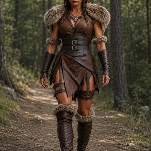 May include: A brown leather outfit featuring a sleeveless bodice with a lace-up front, a wide buckled waist corset, and a layered skirt. The ensemble includes fur-trimmed shoulder pauldrons, arm bracers, thigh straps, and knee-high leather boots.