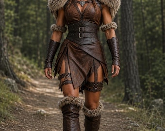 Women’s Leather Viking Warrior Costume, Shieldmaiden Fur Armor, Medieval Fantasy LARP Cosplay Outfit, Custom Made