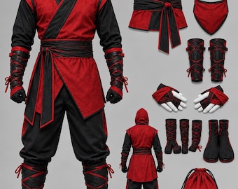Ninja Costume Set for Adults, Ninja Cosplay Outfit, Hood Mask, Wrap Top, Pants, Arm Guards, Shin Wraps, Halloween Costume
