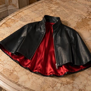 Black Sheepskin Leather Cape Jacket, High Neck Poncho, Red Satin Lining, Minimalist Cloak image 2