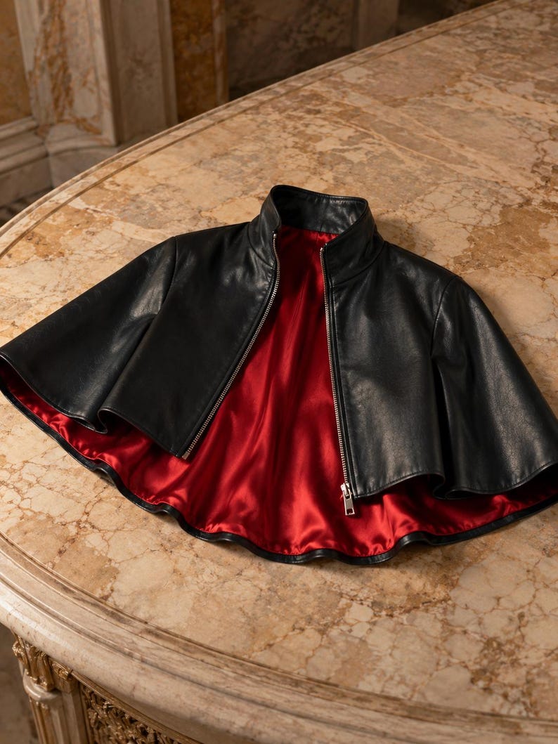 Black Sheepskin Leather Cape Jacket, High Neck Poncho, Red Satin Lining, Minimalist Cloak image 2