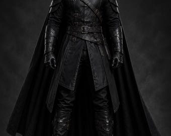 Medieval War Suit Costume, Black Warrior Armor Outfit, Cape Tunic Pants Bracers Gloves Boots, Fantasy Knight Cosplay
