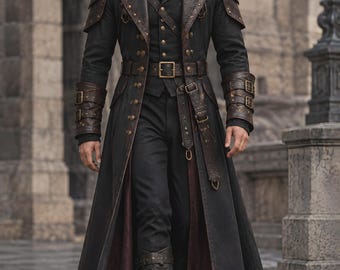 Custom Gothic Steampunk Coat, Men’s Long Black Leather Trim Coat, Fantasy Costume, Victorian Military Jacket, Cosplay Outfit