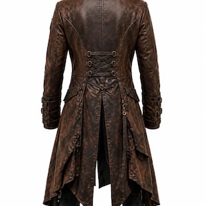 May include: A long brown coat with a distressed finish, featuring a high collar with a buckle strap, lace-up corset detailing on the back waist, long sleeves with buckle cuffs, and a split tail hem with decorative hanging straps and metal hardware.