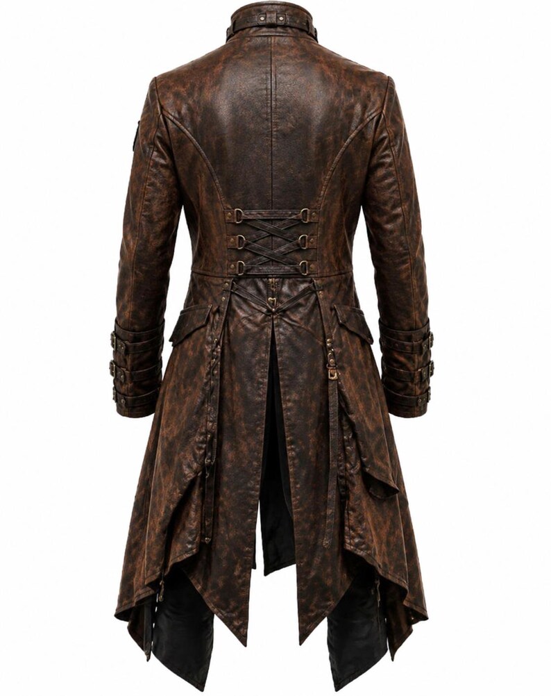May include: A long brown coat with a distressed finish, featuring a high collar with a buckle strap, lace-up corset detailing on the back waist, long sleeves with buckle cuffs, and a split tail hem with decorative hanging straps and metal hardware.