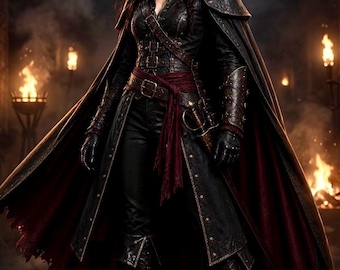 Pirate War Suit Costume, Medieval Pirate Captain Outfit, Leather Coat Hat Boots Bracers Fantasy Cosplay Costume, Unisex, Gift for Her/ Him