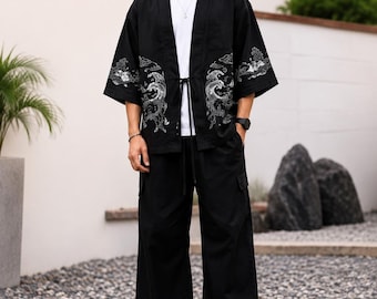 Men’s Japanese Kimono Jacket, Navy Embroidered Haori, Oversized Streetwear Cardigan, Cotton Summer Festival Coat, Unisex Gift