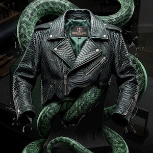 Handmade Emerald Snakeskin Leather Jacket - Men's Bespoke Biker Moto Coat, Iridescent Green Python Texture, Custom Luxury Outerwear