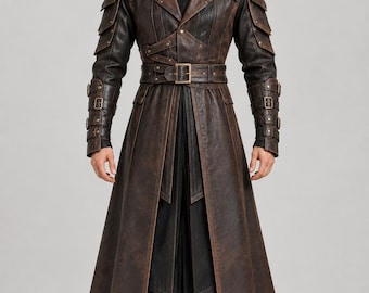 Men’s Medieval Leather Trench Coat, Gothic Warrior Duster, Fantasy Cosplay Costume, Custom Handmade Long Leather Coat