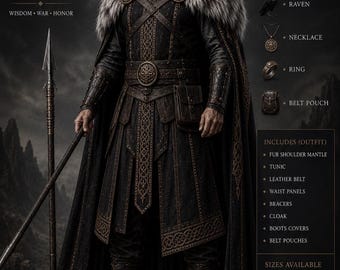 Men’s Viking LARP Costume, Norse Warrior Outfit, Medieval Tunic & Faux Fur Mantle, Leather Belt, Bracers, Cloak, Custom Size