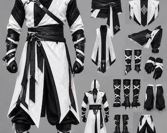 Ninja Costume Set for Adults, Ninja Cosplay Outfit, Hood Mask, Wrap Top, Pants, Arm Guards, Shin Wraps, Halloween Costume