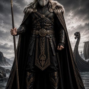 May include: A figure with long grey hair and a beard wearing a black tunic, a fur-trimmed cape, and ornate bronze-coloured armour accents. The figure holds a tall spear and stands before a Viking ship. Text reads: ODIN VIKING / NORSE GOD STYLE.