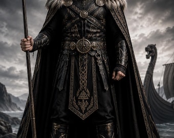 Odin Inspired Viking Costume for Men, Norse God Cosplay, Leather Armor, Fur Cloak, Medieval Warrior Outfit, Custom Made