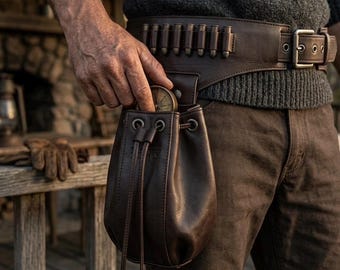 Handmade Leather Gunfighter Belt with Drawstring Drop Pouch, Western Utility Bandolier Hip Bag, Vintage LARP Renaissance Faire Holster Belt,