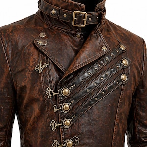 May include: A brown distressed jacket featuring a high stand-up collar with an adjustable buckle, multiple brass-toned metal studs, and decorative hook-and-eye fasteners across the front. The garment includes text reading HIGH COLLAR WITH BUCKLE.