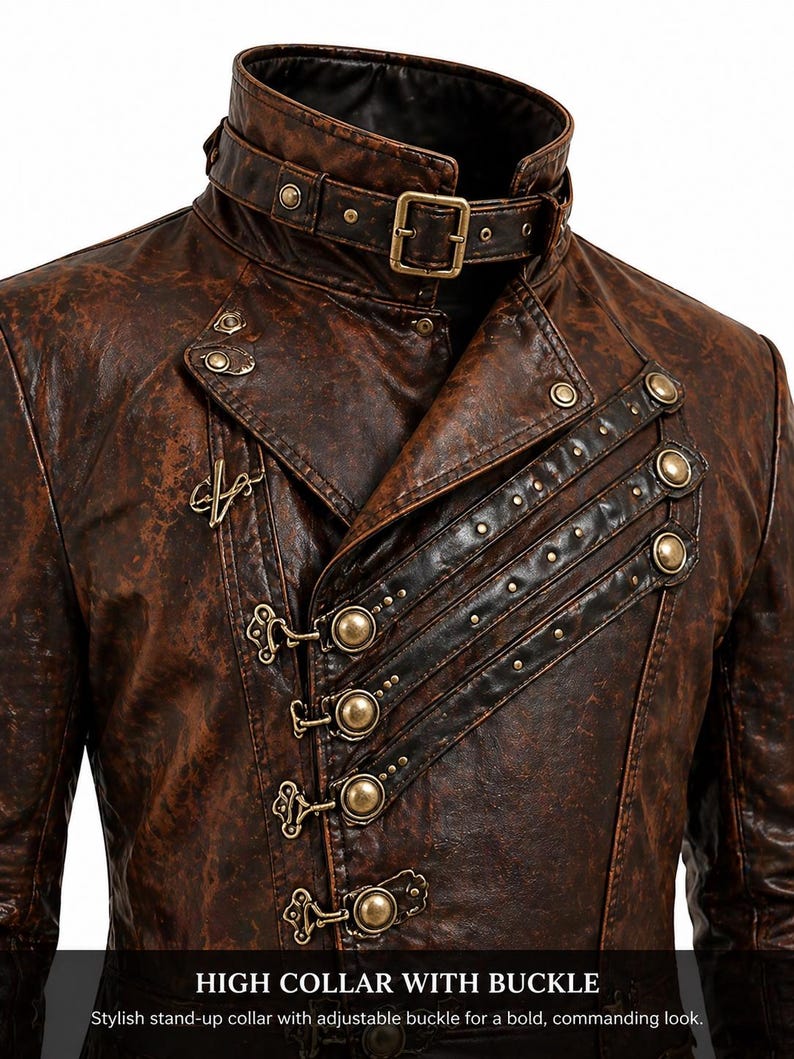May include: A brown distressed jacket featuring a high stand-up collar with an adjustable buckle, multiple brass-toned metal studs, and decorative hook-and-eye fasteners across the front. The garment includes text reading HIGH COLLAR WITH BUCKLE.