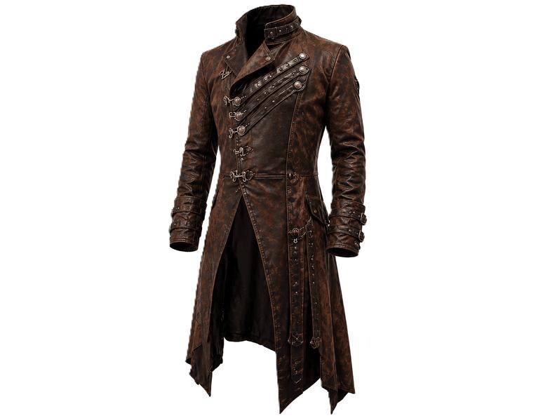 May include: A brown, distressed-finish long coat featuring a high collar, multiple silver-toned metal buckles, and decorative studs across the chest. The garment has long sleeves with buckled cuffs and an asymmetrical, pointed hemline design.