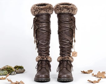 Handmade Viking Leather Boots, Medieval Fur Trim Boots, Fantasy LARP Cosplay Warrior Boots, Custom Brown Leather Boots