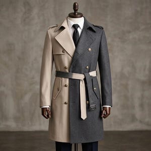 Gabardina bicolor dividida - Abrigo cruzado asimétrico de lana - Chaqueta larga bicolor personalizada con bloques de color, prenda de abrigo con cinturón para hombre/mujer