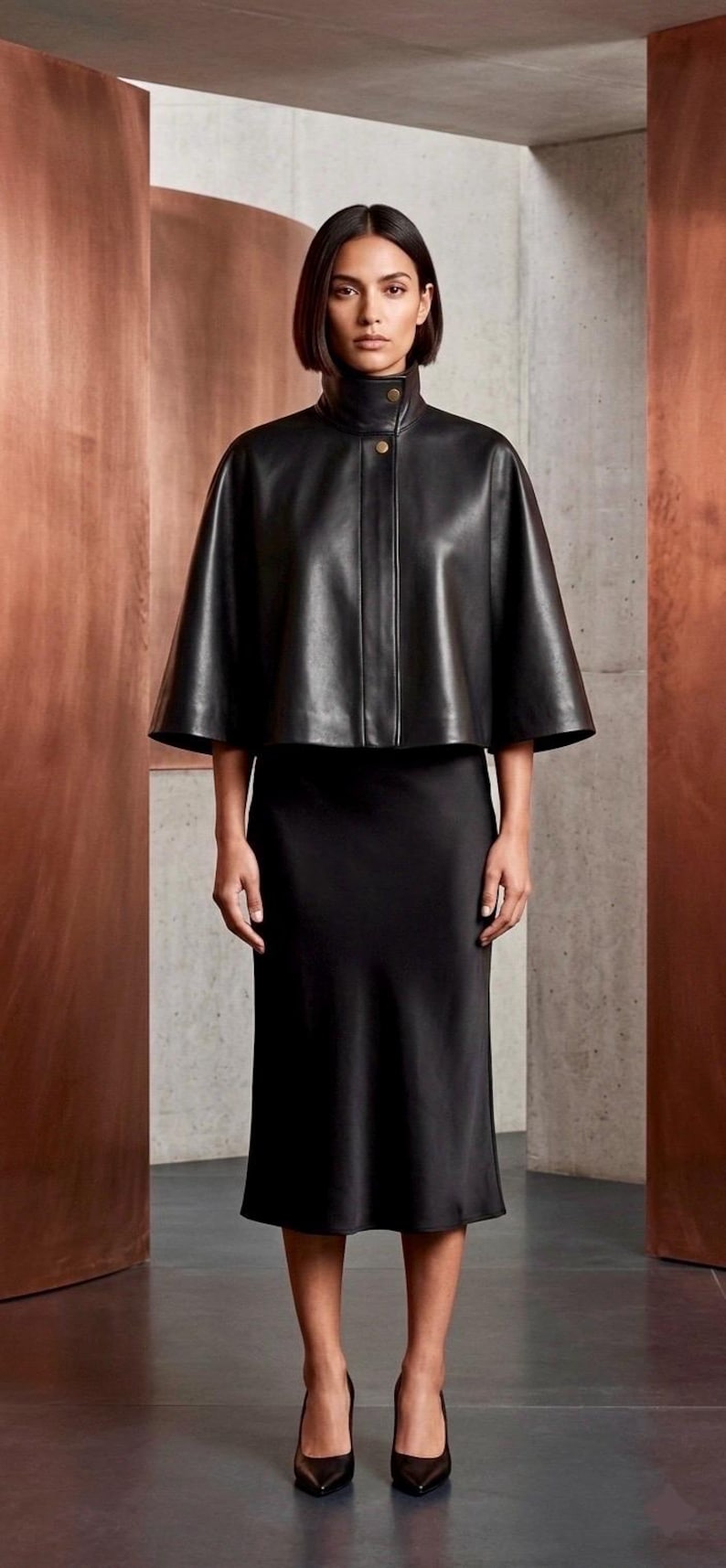 Black Sheepskin Leather Cape Jacket, High Neck Poncho, Red Satin Lining, Minimalist Cloak image 3