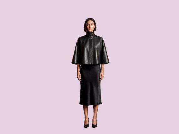 Black Sheepskin Leather Cape Jacket, High Neck Poncho, Red Satin Lining, Minimalist Cloak